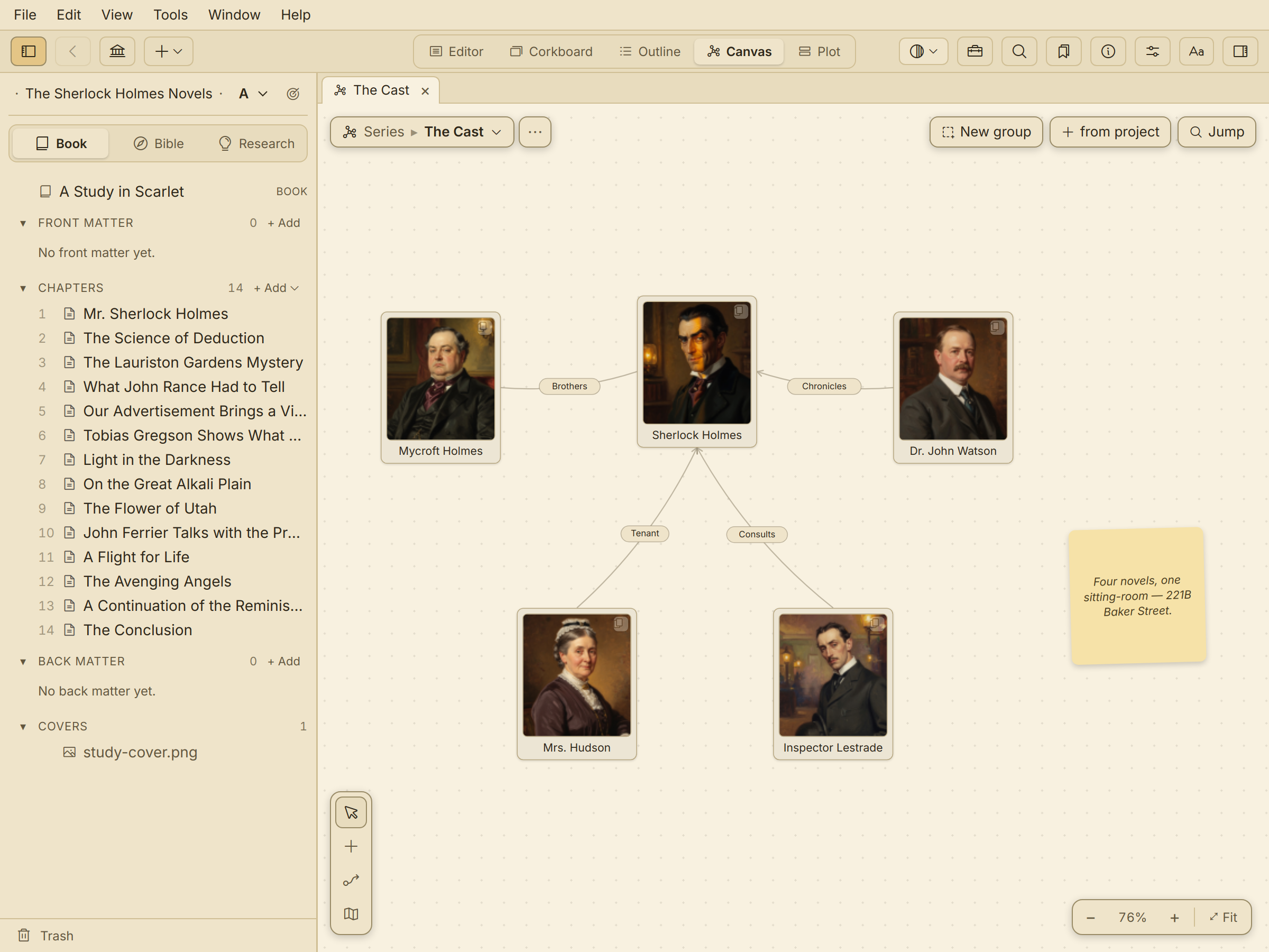 Quill's canvas: the Sherlock Holmes cast as portrait cards joined by labelled relationships, with a note in the margin.