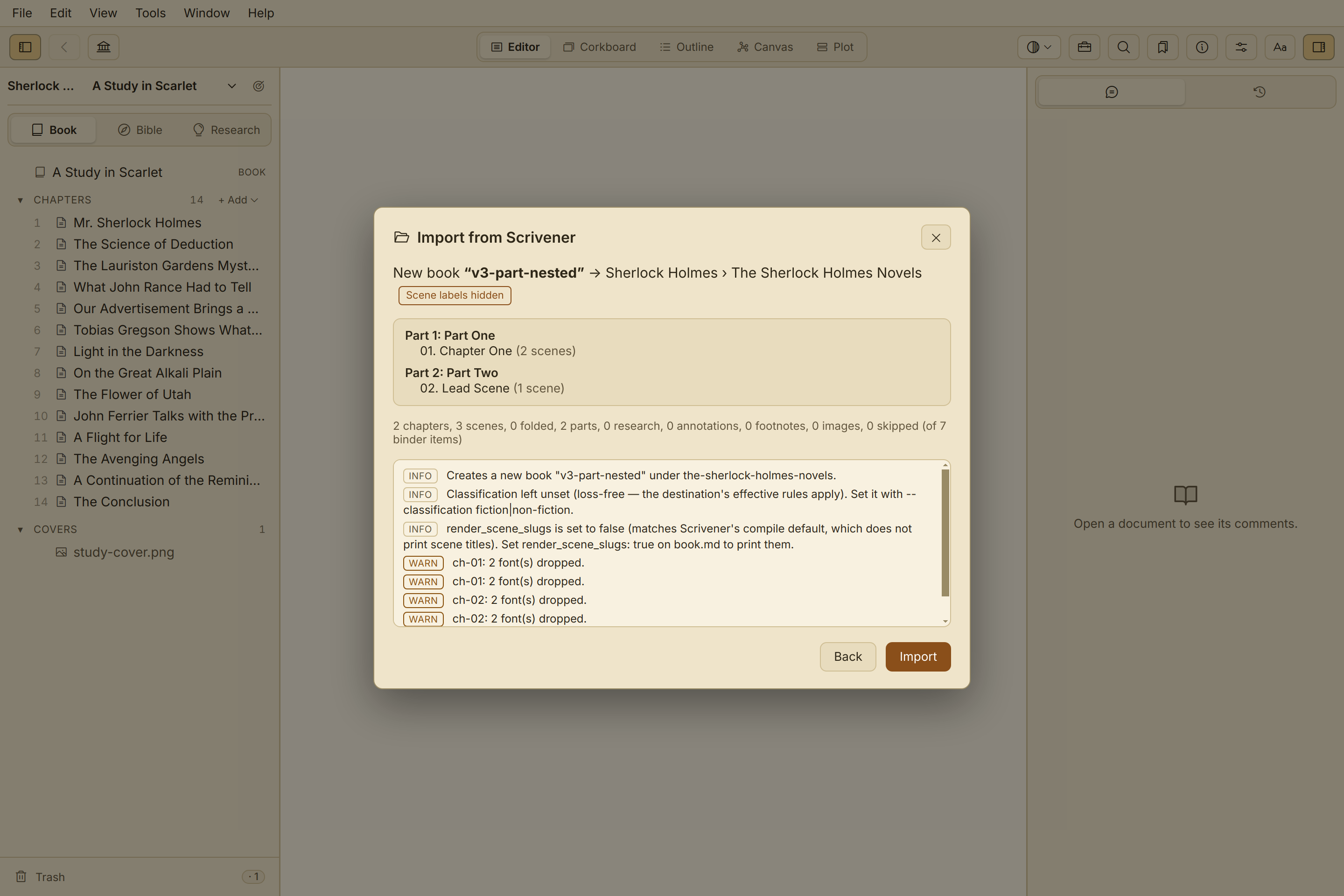 Quill's Scrivener import preview, showing exactly what will land before anything is written.