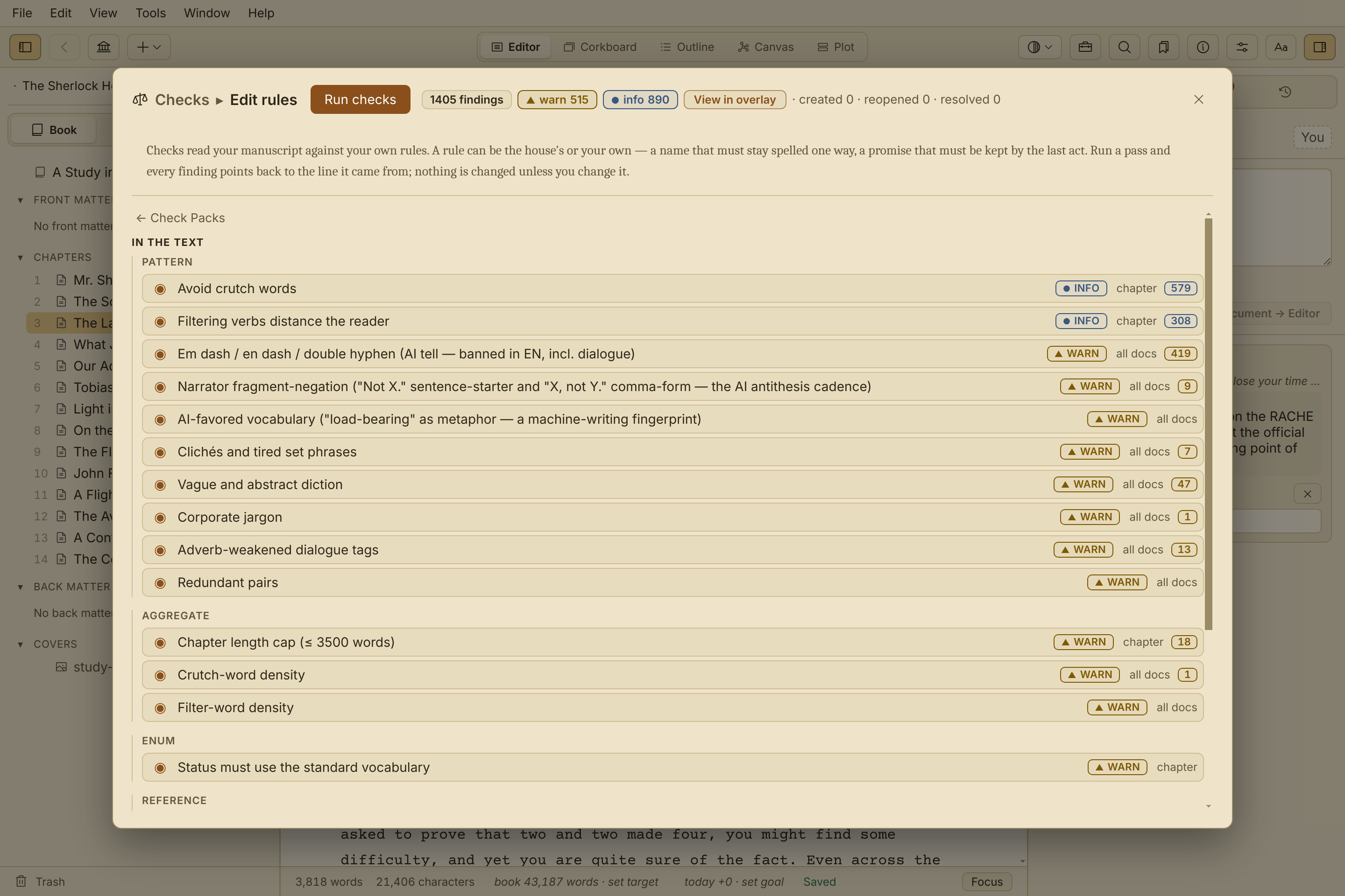 Quill's checks panel — the full rule list, with a live finding count beside each rule.