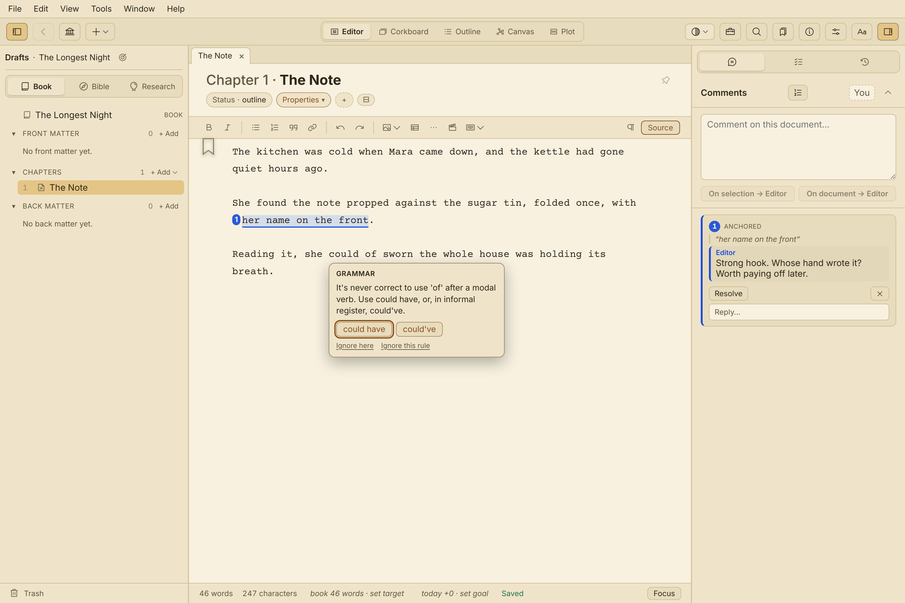 A grammar underline in Quill with a suggestion popover, running offline.
