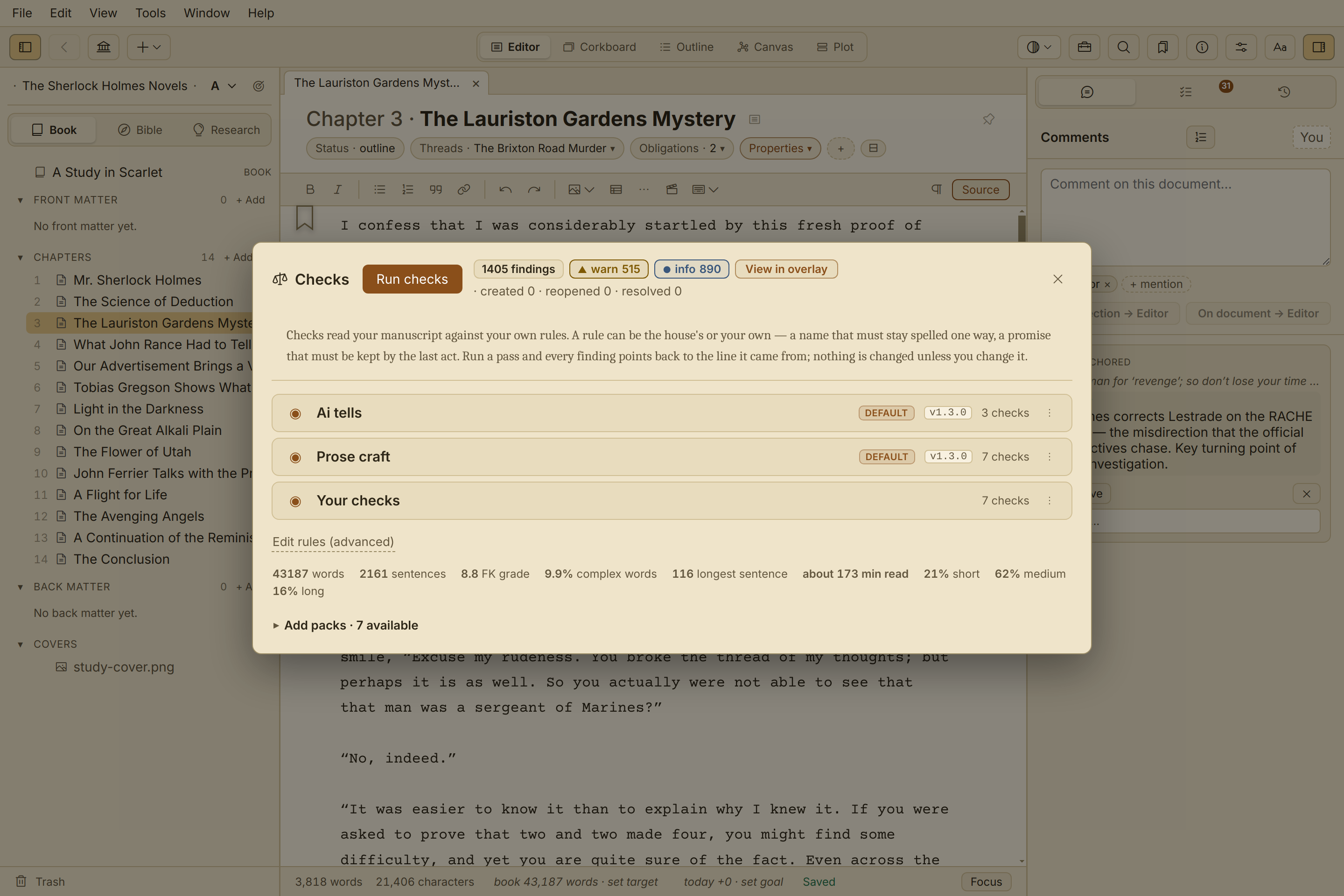 Quill's prose statistics view, per chapter and whole book.