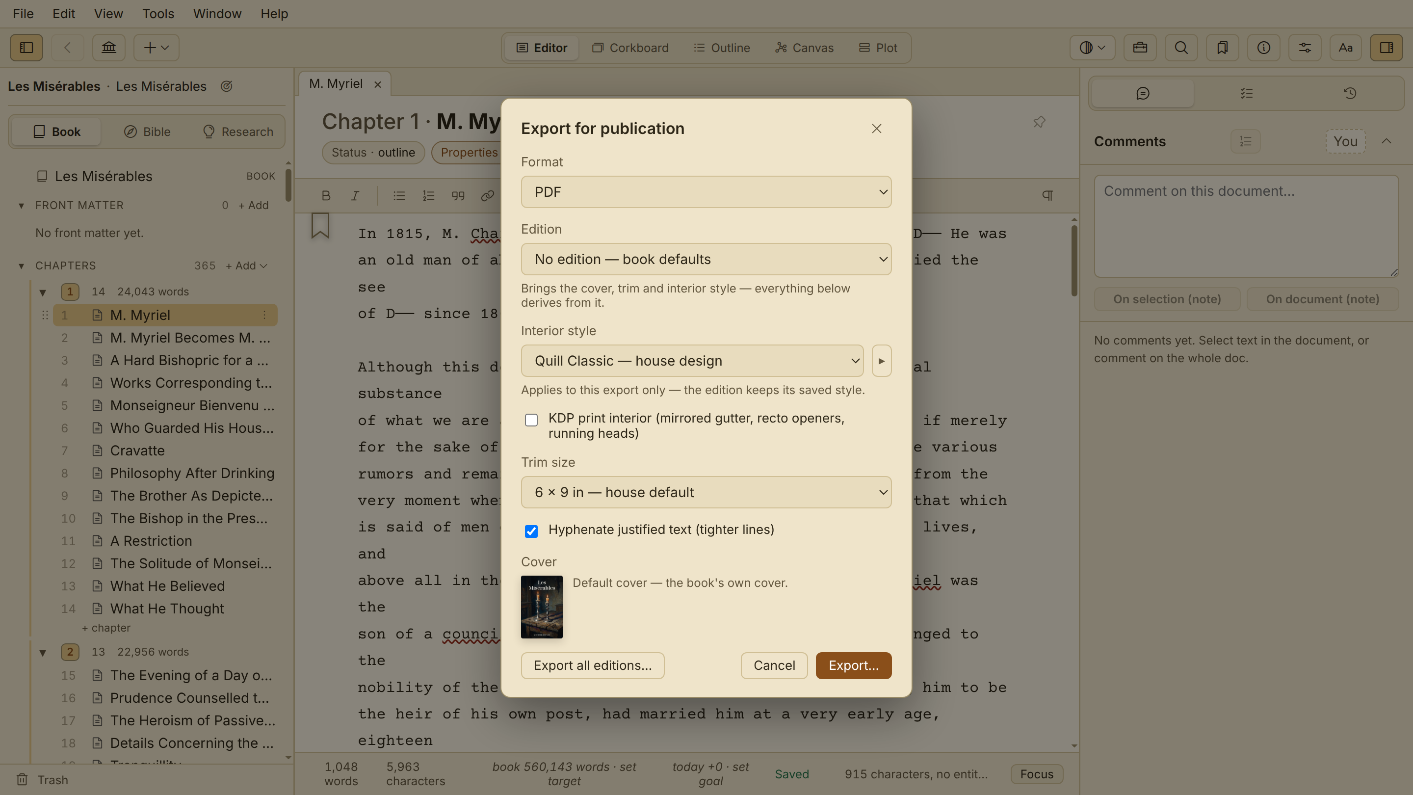 Quill's Export for publication dialog — PDF format, Quill Classic house style, 6 by 9 trim, hyphenation on, book cover — over a chapter of Les Misérables in the editor.