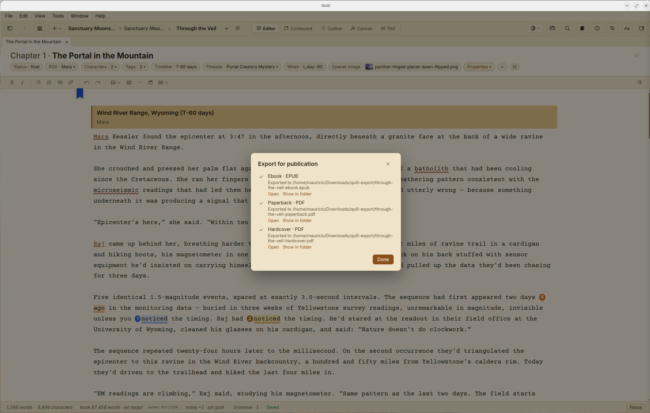 Quill's Export for publication dialog reporting three finished editions — an EPUB ebook, a paperback PDF, and a hardcover PDF — all exported at once, over a chapter in the editor.