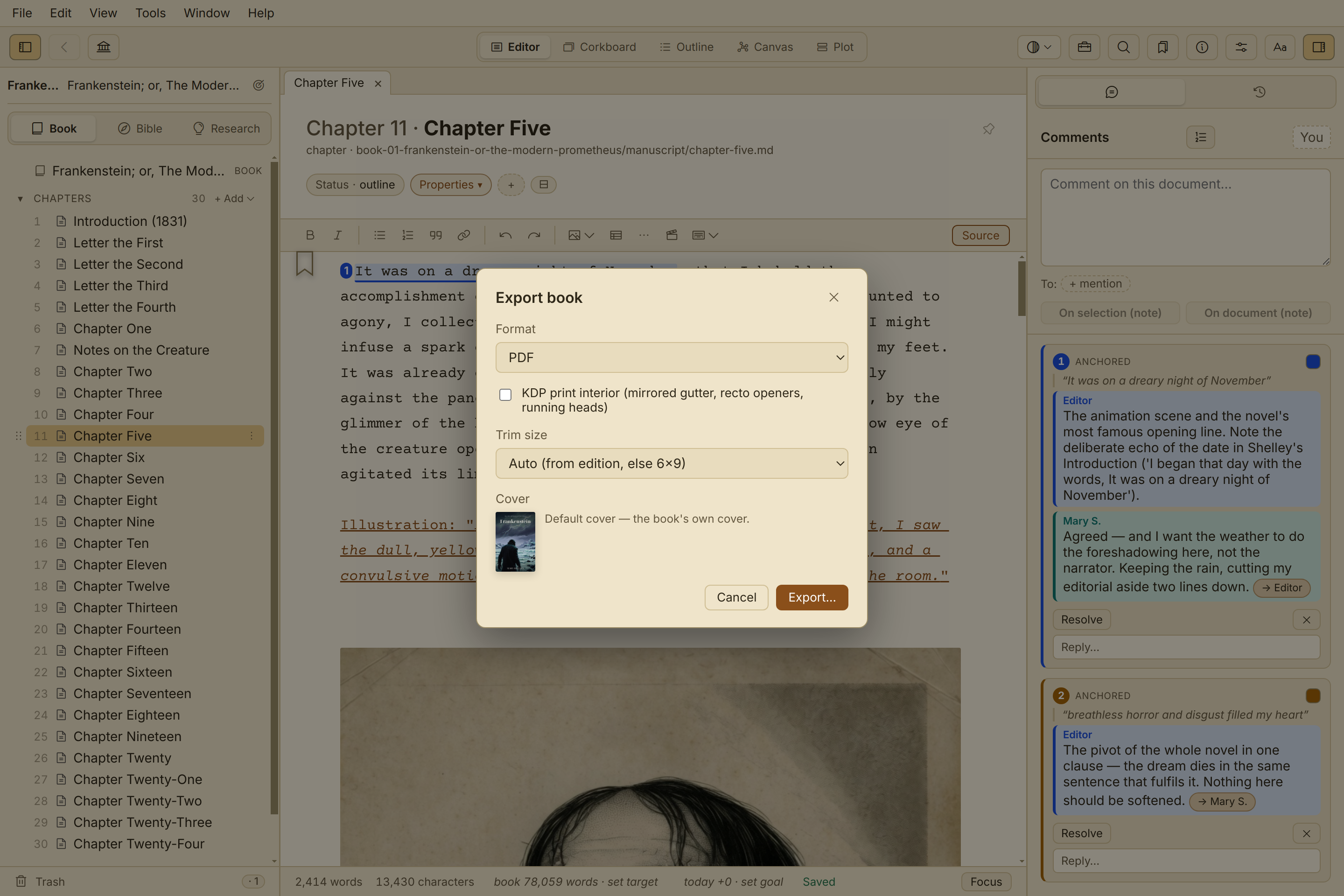 Quill's unified Export dialog — format selection, KDP print interior, trim size, and cover.