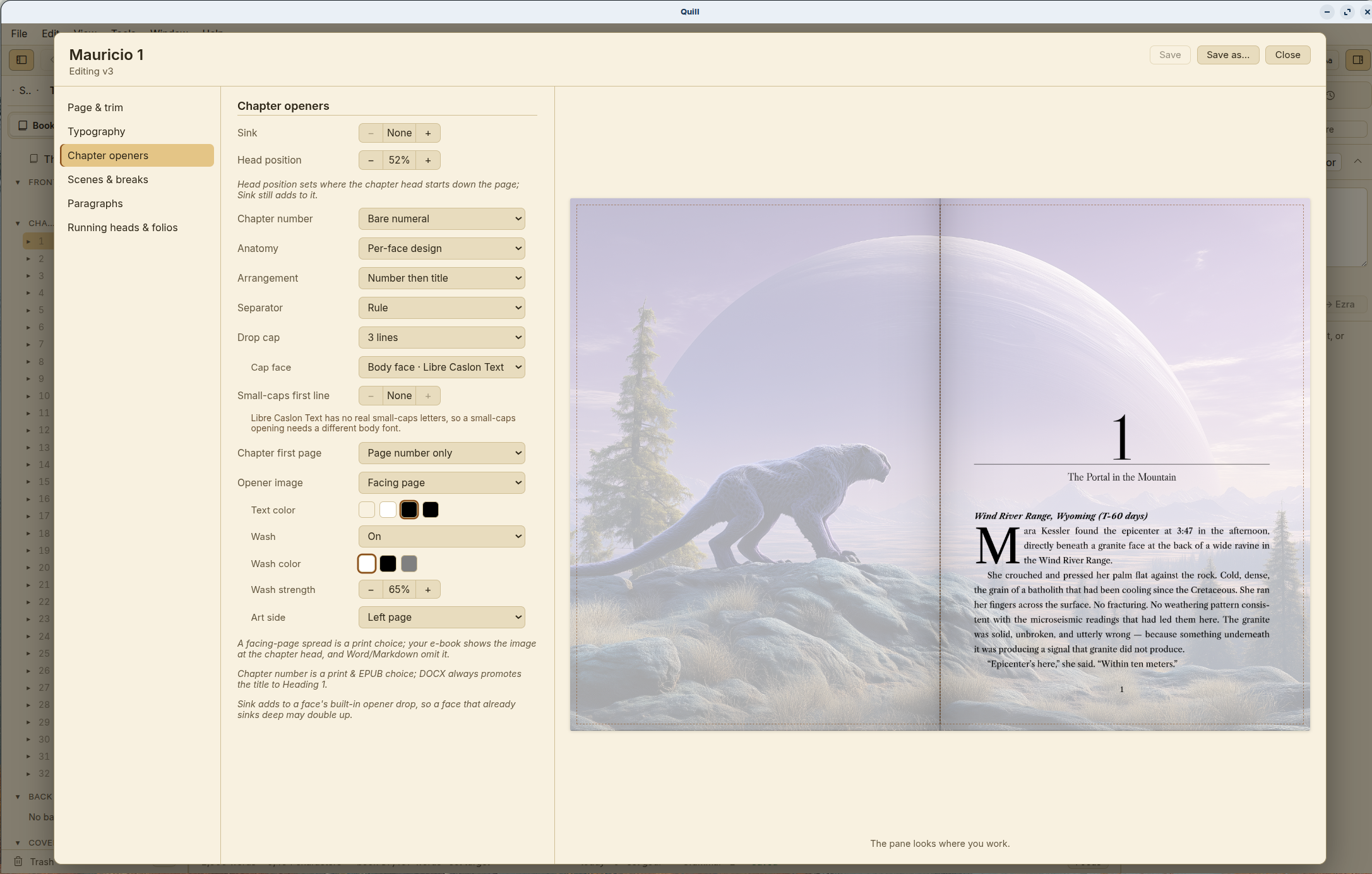 Quill's style builder: a two-page chapter opener spread with a full-bleed image across both pages and a drop-cap opening, previewed live beside the layout controls.