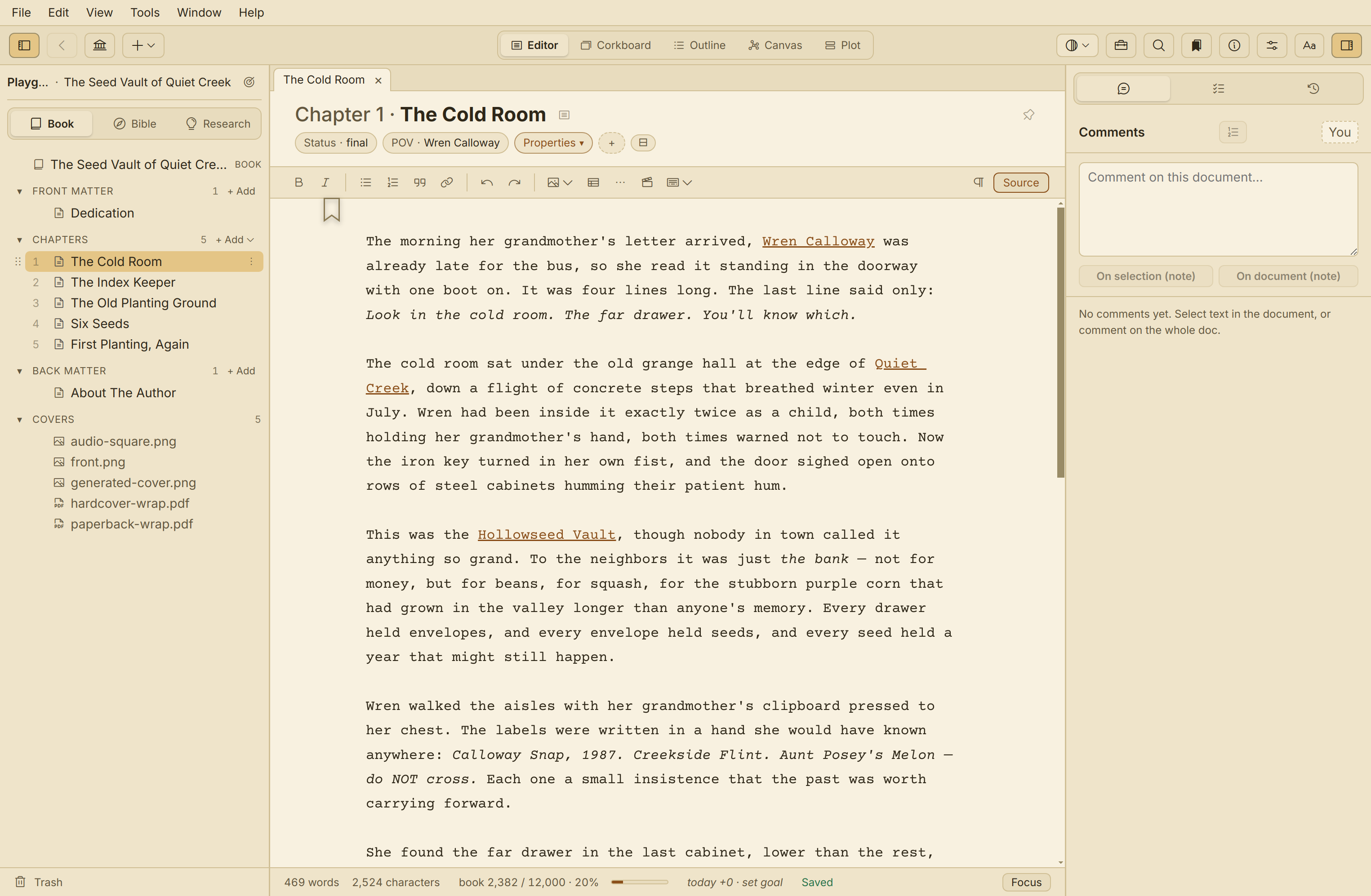 Quill's main window: the binder on the left, chapter one open in the editor, word count in the footer.