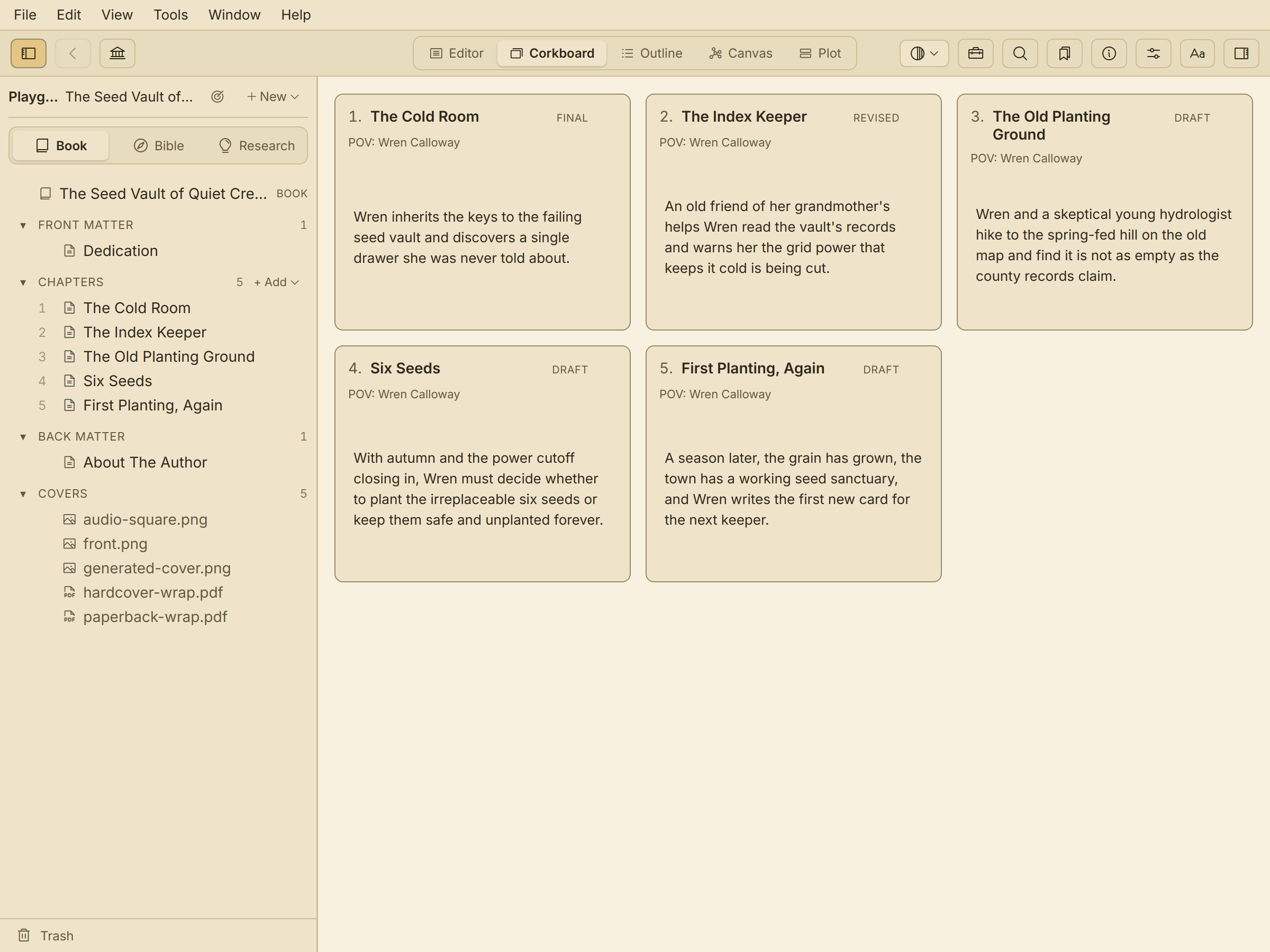 Quill's corkboard — a book's chapters as index cards, each showing its synopsis.