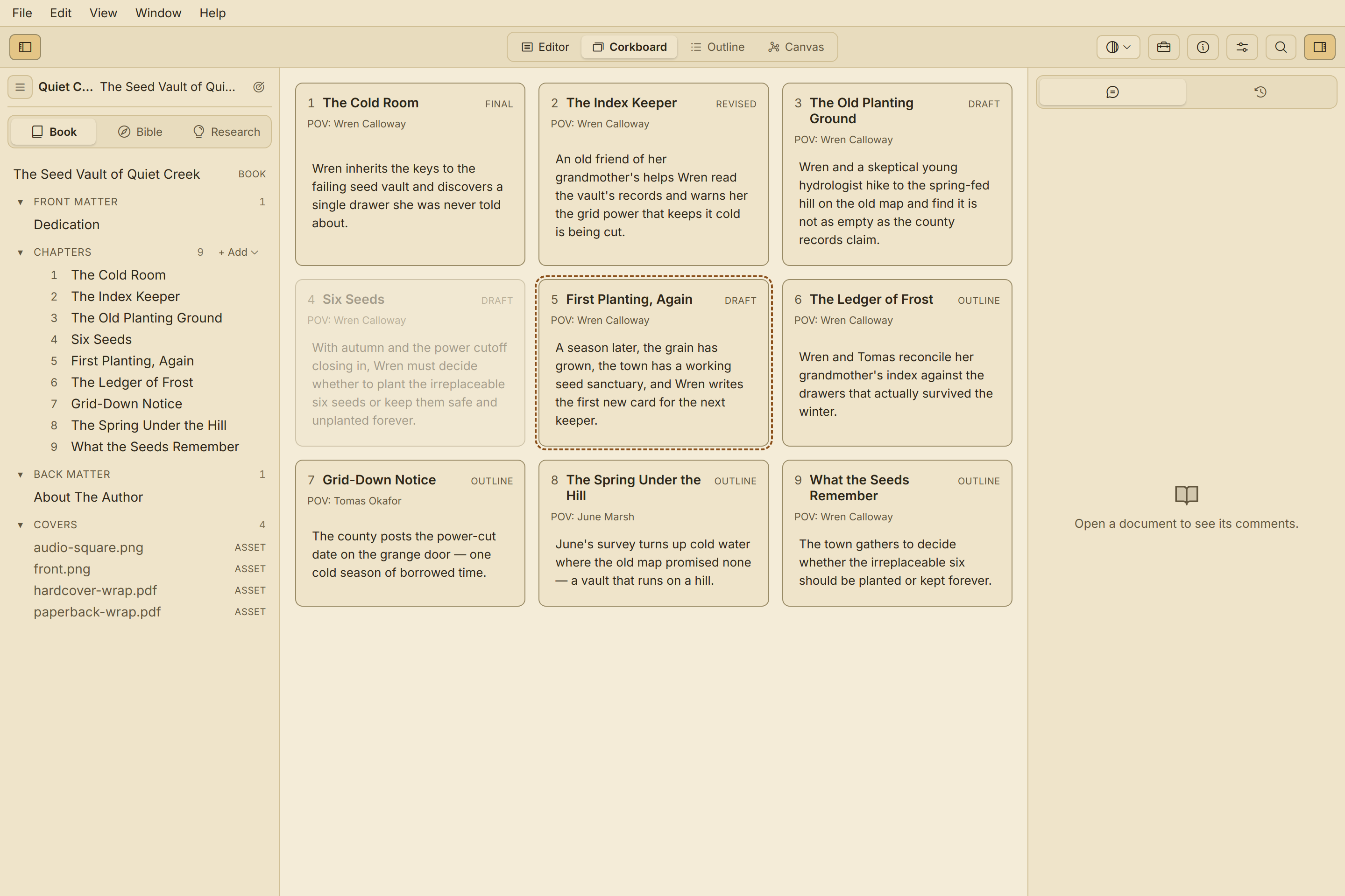 Quill's corkboard with chapter index cards, in the Manuscript theme.