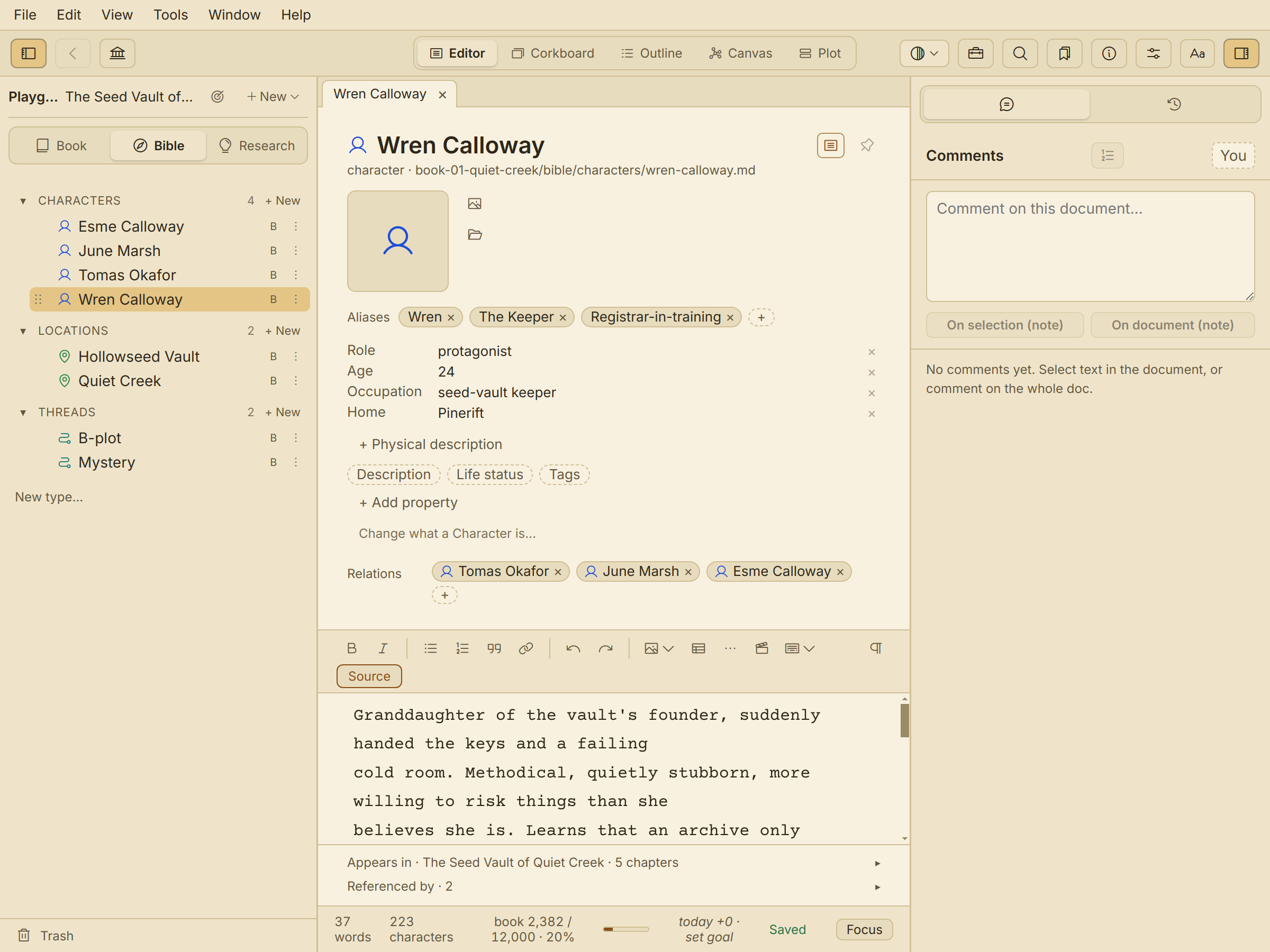 A character entry in Quill's story bible, with typed fields and a link back to the manuscript.
