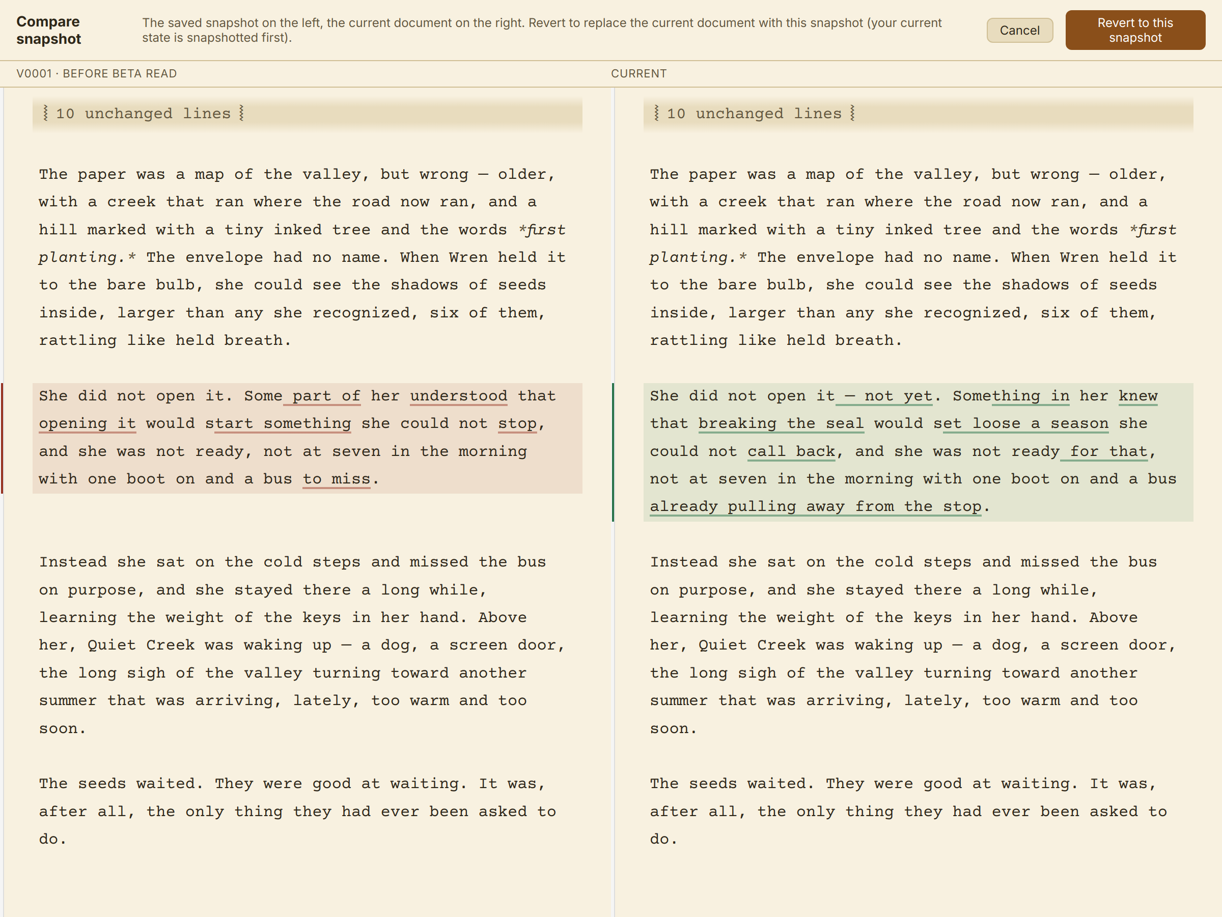 Quill's version view showing a visual diff between two snapshots of a chapter.