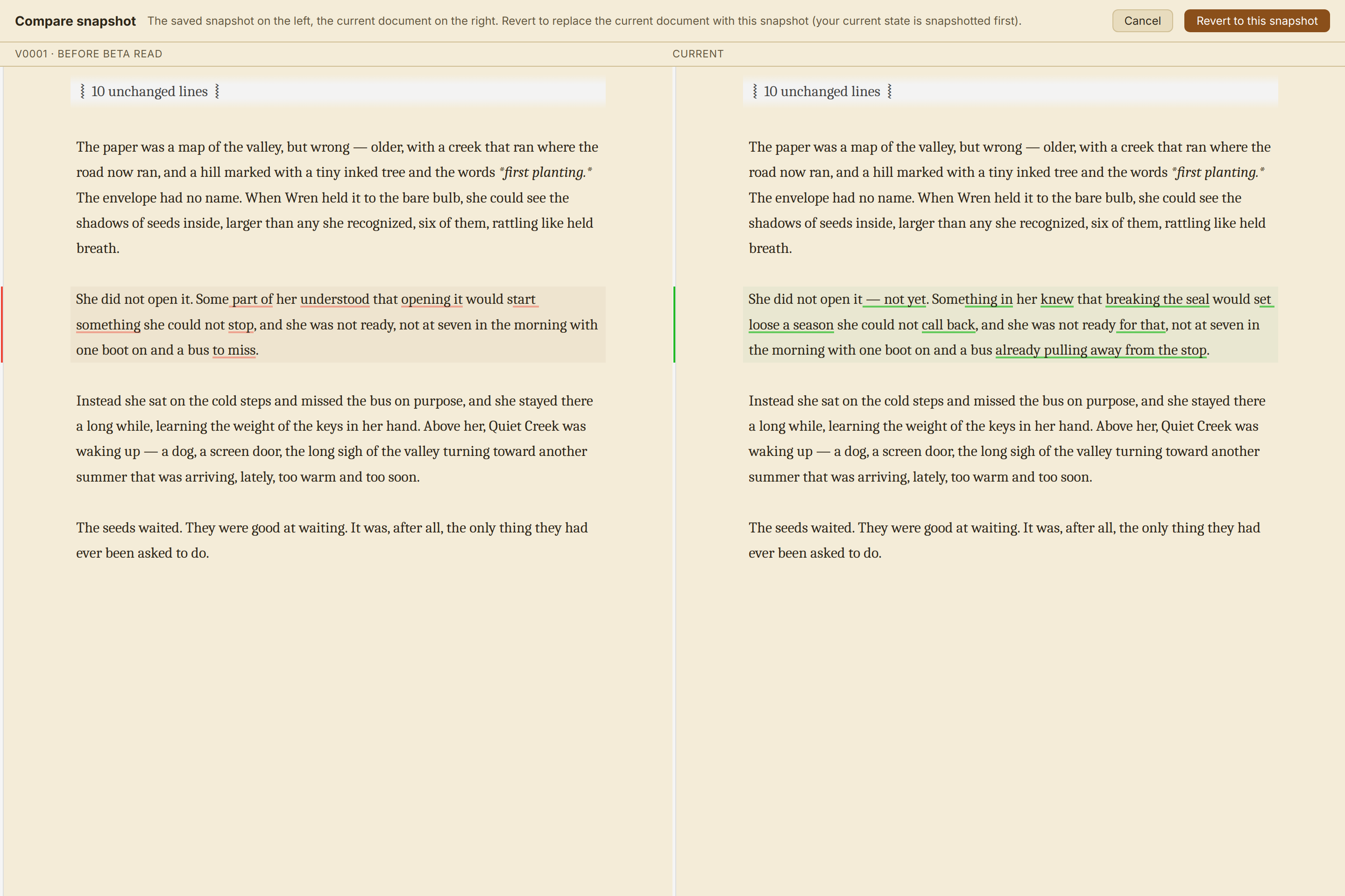 A visual diff between two snapshots of a chapter in Quill.