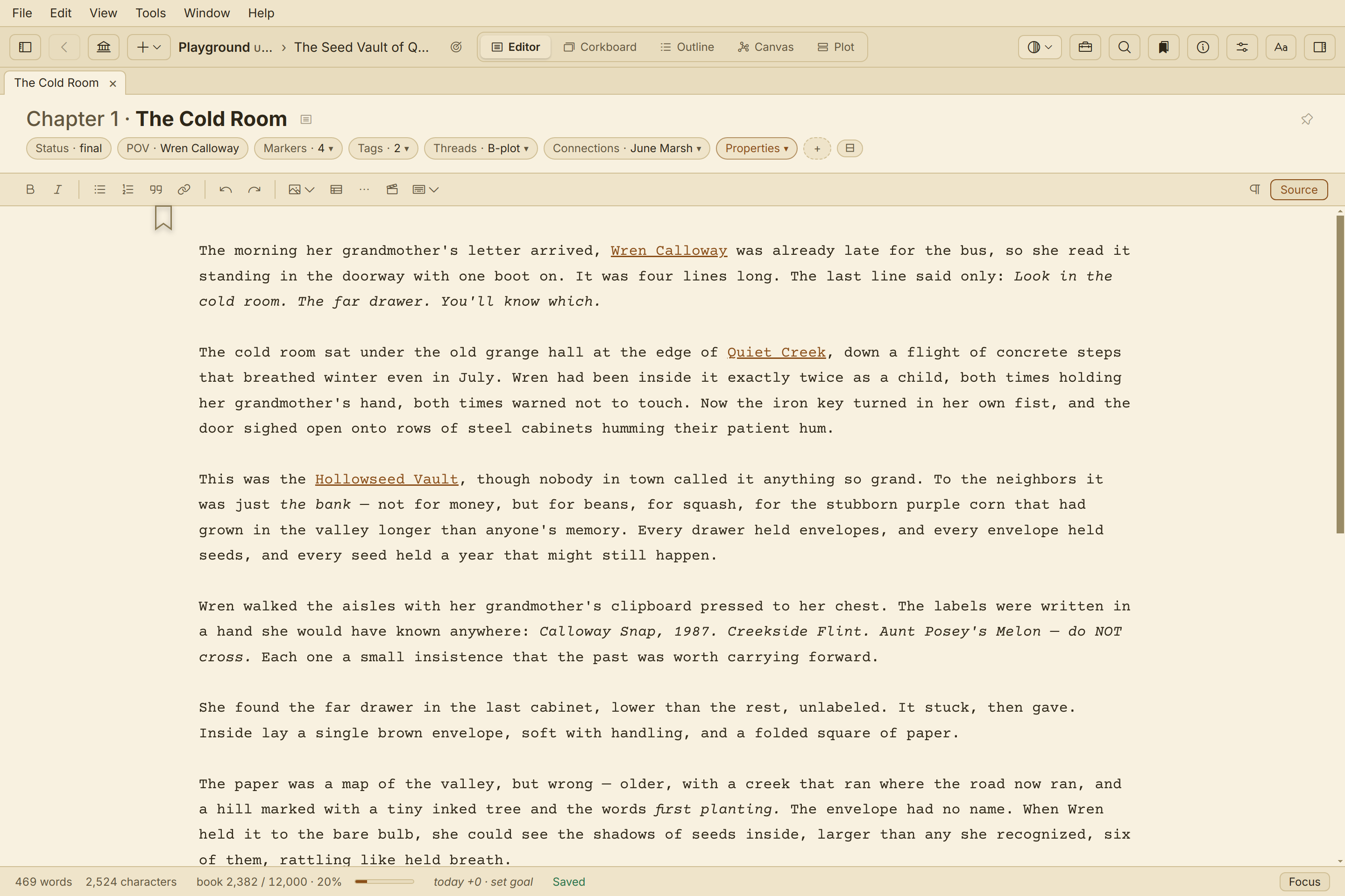 Quill's editor — a page of prose with the Source toggle in the toolbar.