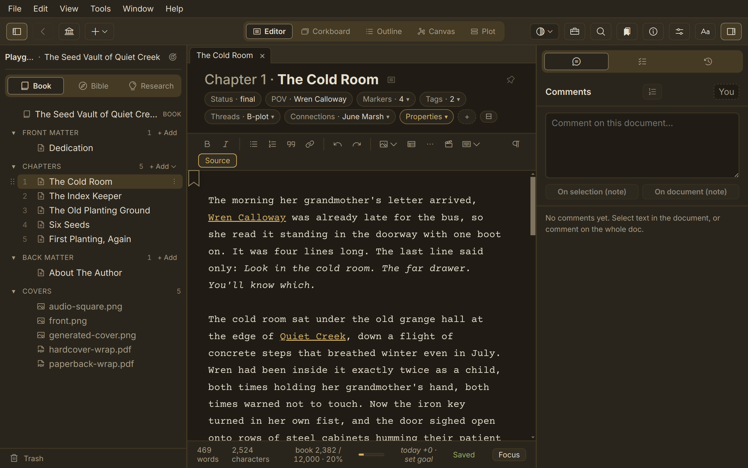 Quill in the Dark Manuscript theme — warm, after dark.