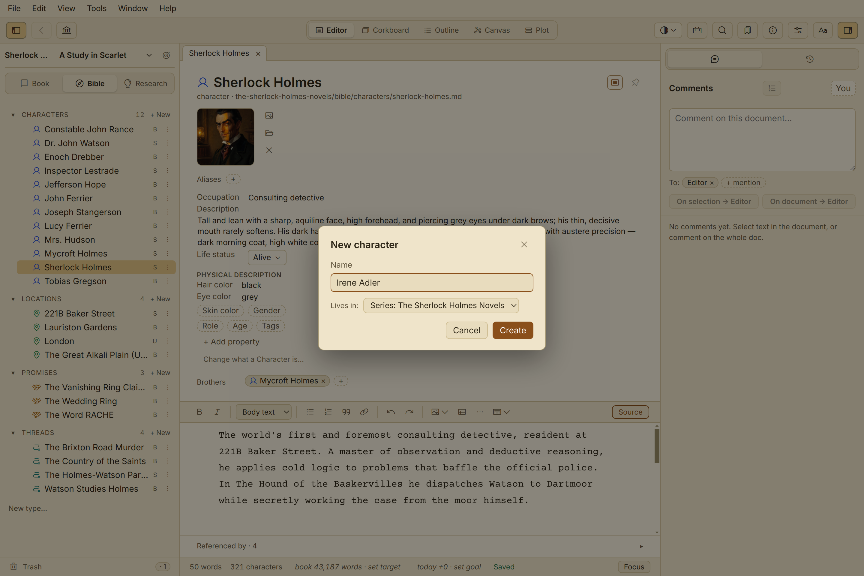 Quill's scope switcher over a demo universe — a bible entry set at book, series, or universe scope.