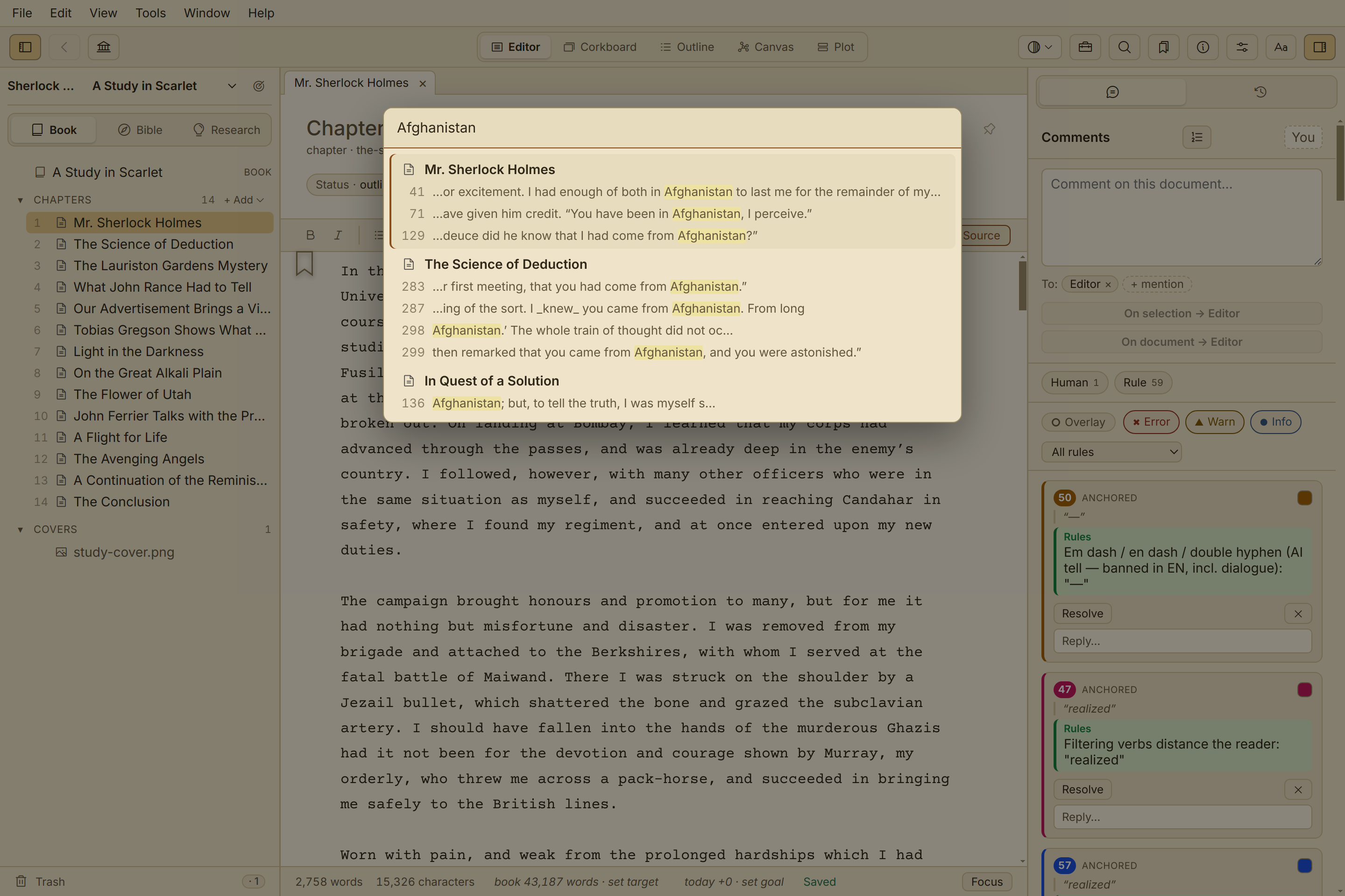 Quill's project-wide search results panel, reaching chapters, notes, and bible entries.