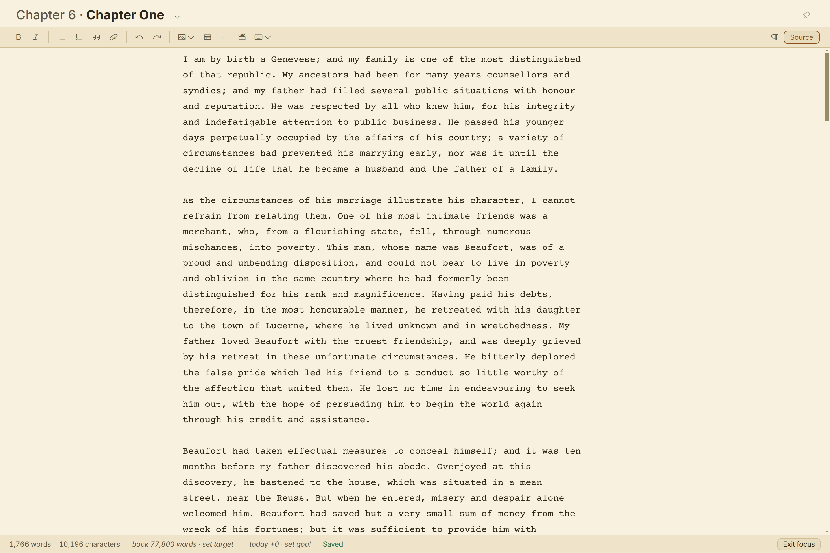Quill in focus mode — docks and menus hidden, leaving a clean writing page.