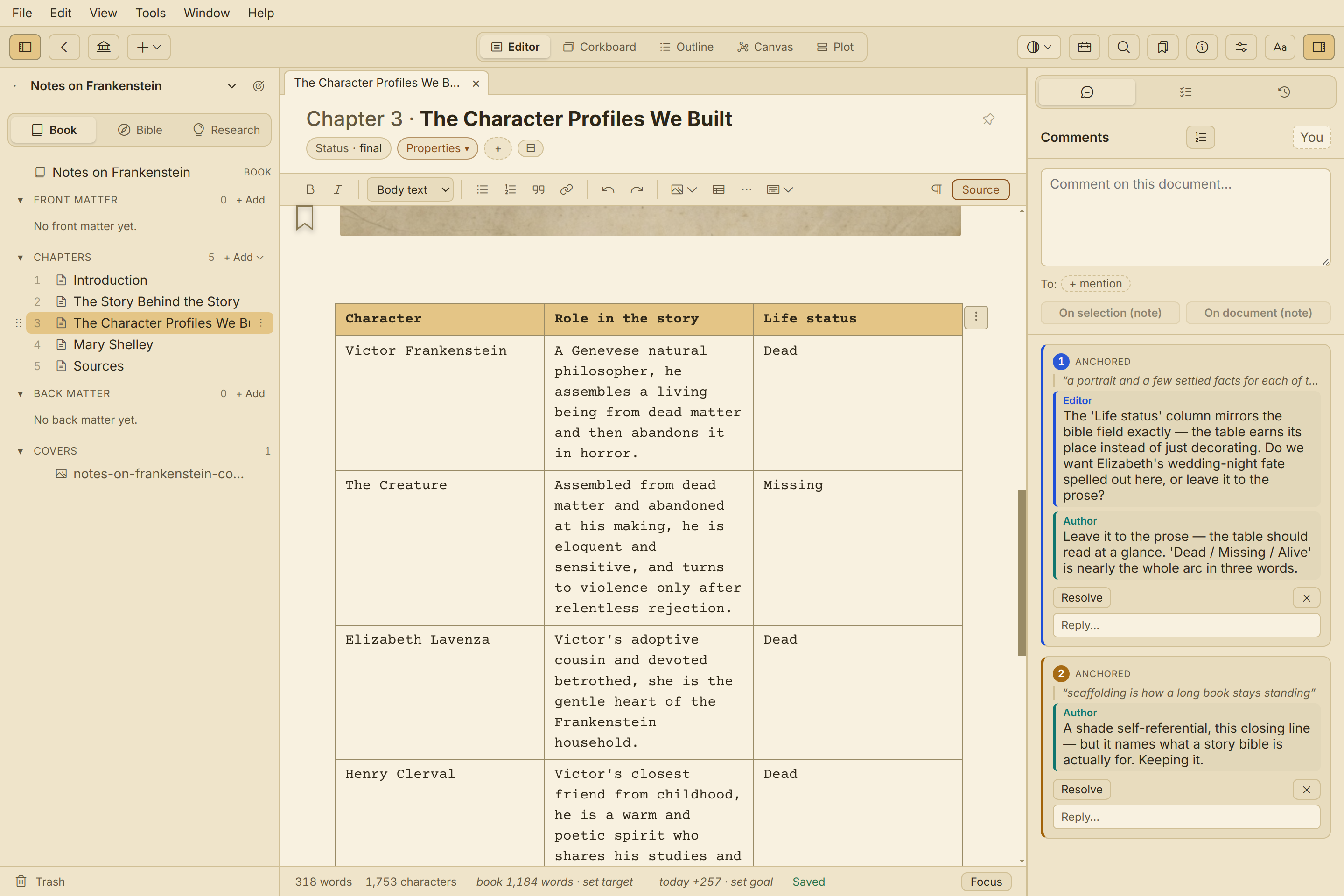 A table mid-manuscript in Quill's editor, with an image inside a cell and an ink underline.